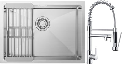 CECIPA Max Spoelbak Keuken 60X44CM - Spoelbakken Keuken Met keukenkraan met uittrekbare uitloop - Enkele spoelbak - Gootsteen van roestvrij staal - Incl. Sifon en Afvoerzeefje