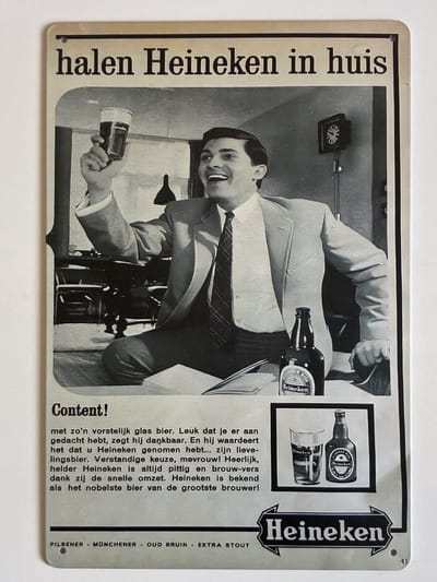 oude heineken reclame jaren 50 Metalen wandbord 20 x 30 cm - Mancave -Wand Decoratie - Metalen borden - Tekst borden - Metalen bord - Reclame bord - Vintage - Kroeg - Bar – Cafe - Horeca - retro