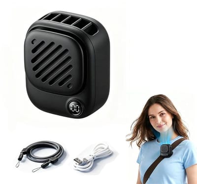KZQ Mini draagbare nekventilator - Handsfree ventilator - Magnetische clip - 3 instelbare windsnelheden - LED-display - Hangtouw - USB oplaadbaar - 2000 mAh - Inclusief snellaadkabel - Geschikt voor op reis, buiten of als cadeau - Zwart