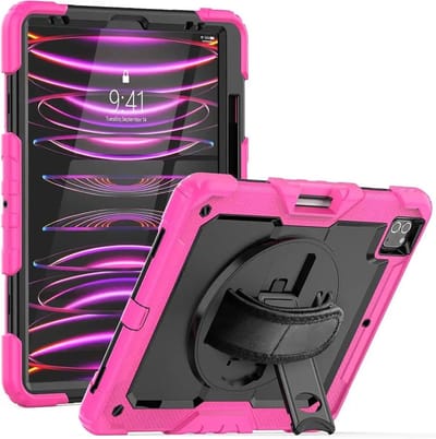 Hoes met ingebouwde Screenprotector Geschikt voor Apple iPad Pro 12.9 | Inclusief 360° Draaibare Handriem en Schouderriem | Extreme bescherming | Ideaal voor zakelijk gebruik | Roze
