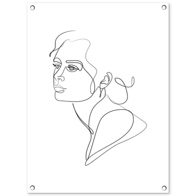 Tuinposter 60x80 cm - Tuindecoratie Abstracte line art van het portret van een vrouw op een witte achtergrond - Poster voor in de tuin - Buiten decoratie - Schutting tuinschilderij - Tuindoek muurdecoratie - Wanddecoratie balkondoek