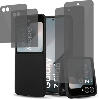 Hoesje + 2x Privé Screenprotector geschikt voor Samsung Galaxy Z Flip 6 / Flip 7 FE – Privacy Folie - Liquid Back Case Cover Zwart