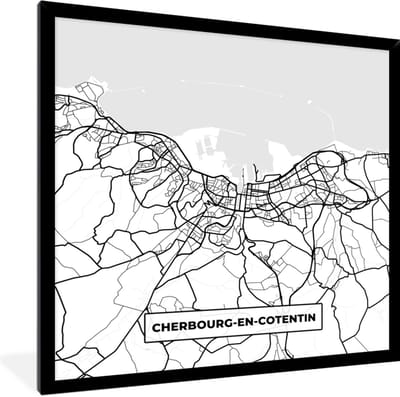 Fotolijst incl. Poster Zwart Wit- Frankrijk - Plattegrond - Cherbourg-en-Cotentin - Stadskaart - Kaart - Zwart wit - 40x40 cm - Posterlijst
