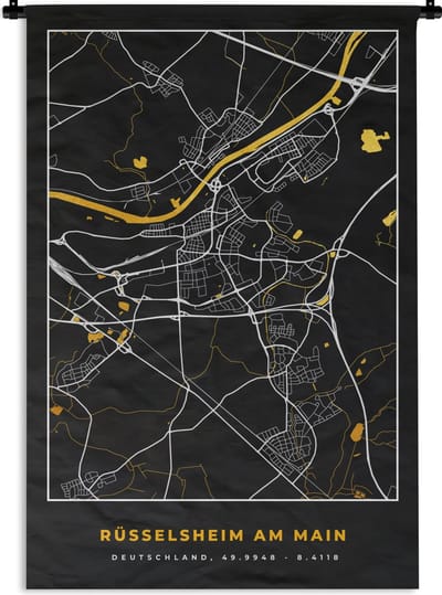 Wandkleed - Wanddoek - Black and Gold – Stadskaart – Rüsselsheim am Main – Duitsland – Plattegrond – Kaart - 120x180 cm - Wandtapijt
