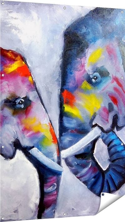 Gards Tuinposter Twee Getekende Olifanten - Abstract - 100x150 cm - Tuindoek - Tuindecoratie - Wanddecoratie buiten - Tuinschilderij