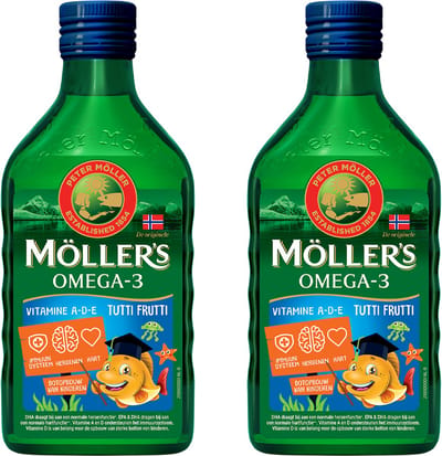 Möller's Omega-3 Levertraan Tutti Frutti - 2 x 250ml - Omega-3 visolie voor kinderen - Levertraan vloeibaar – Levertraan met fruitsmaak