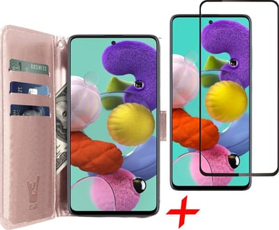Hoesje geschikt voor Samsung Galaxy A51 - Screen Protector FullGuard - Book Case Kunstleer Pasjeshouder Rosegoud & Screenprotector