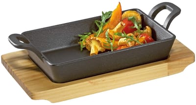 Serveerpan Gietijzer - Braadpan - Stijlvol Serveren - Met Houten Plank - 24 cm - Zwart