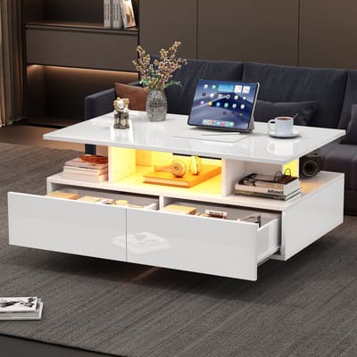 Salontafel - 90 x 55 x 41 cm - Met 2 Laden en LED - Draagkracht 30 kg - Hoogglans - Wit