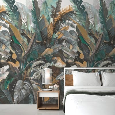 Fotobehang Profhome 392601-GU vliesbehang hardvinyl warmdruk in reliëf glad in jungle stijl mat groen bruin grijs wit 1,59 m x 2,8 m
