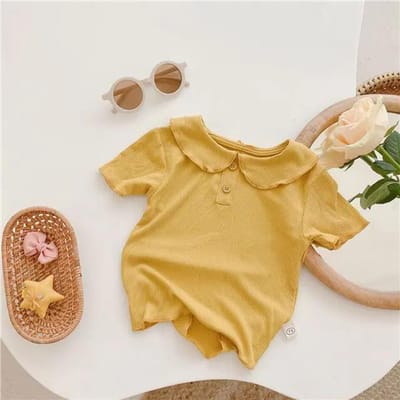 T-shirt à manches courtes pour bébé fille, haut d'été en modal fin à col poupée avec une chemise de base 120 jaune