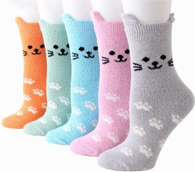 Fluffy Dames Sokken - 2 paar - giftbox - Huissokken - grijs - groen - paars - mix - random - leuke print kat - 36 - 40 - warm - cadeau voor haar - gift
