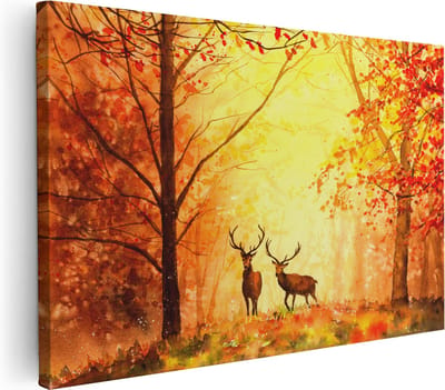Artaza Canvas Schilderij Hert - 30x20 cm - Klein - Wanddecoratie Boom - Muurdecoratie Herfst - Kamer Accessoires