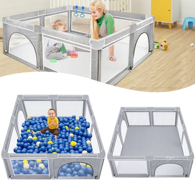Froadp 127 x 127 cm x 68 cm Babybox Opbouwbare kinderbox Krabbelhek Babybox Met accessoires en handtas, donkergrijs