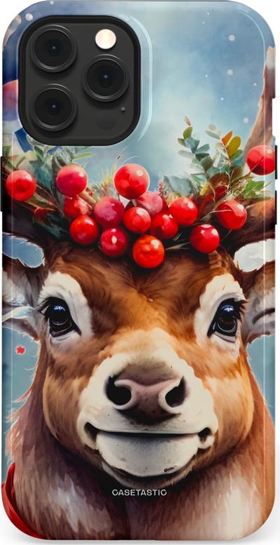Casetastic hoesje geschikt voor Apple iPhone 12 Pro Max - MagSafe - Dubbellaagse bescherming - Rudolph het Kerst Rendier - Fashion Case - Zilver Taupe Donkergrijs Perzik