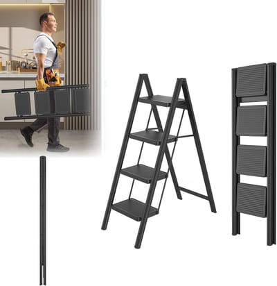 Inklapbare opstapje - Vouwladder met leuning - Veilig klussen thuis - Extra brede treden - 4 treden - Zwart