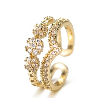 Goudkleurige ring dames aanschuifring open ring dubbele laag V vorm bloemen design transparante steentjes verstelbare ring minimalistische sieraden