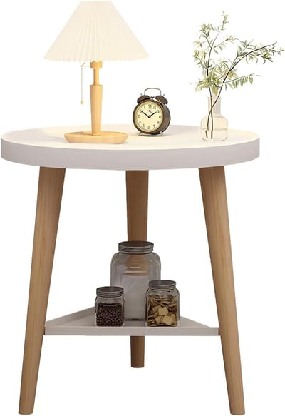 Ronde Bijzettafel met 2 Planken en Houten Poten - 40 x 43 cm - Scandinavische Stijl voor Woonkamer, Slaapkamer, Balkon