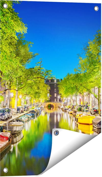 Gards Tuinposter Amsterdamse Gracht in de Nacht - 40x60 cm - Tuindoek - Tuindecoratie - Wanddecoratie buiten - Tuinschilderij