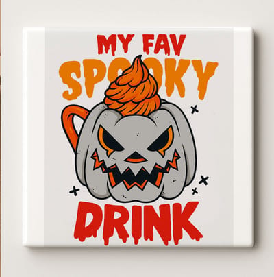 Spookachtige Pompoen Koffie Tegel – “Mijn Favoriete Spooky Drankje” Grappige Halloween Keramische Wanddecoratie 15x15cm