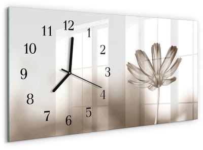 Tulup Wandklok - Bloem Glazen Klok Met Print - 60x30 cm - Beige Moderne Glazen Wandklok - Zwarte Handen - Rechthoekige Wandklok - Glazen Klok Met Print - Wandklok Glas Met Motief