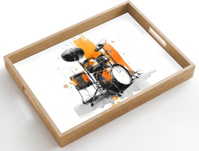 Dienblad hout 50x35 cm - Schootdienblad - Drumstel - Oranje - Zwart - Aquarelverf - Borrelplank rechthoek - Plateau dienbladen
