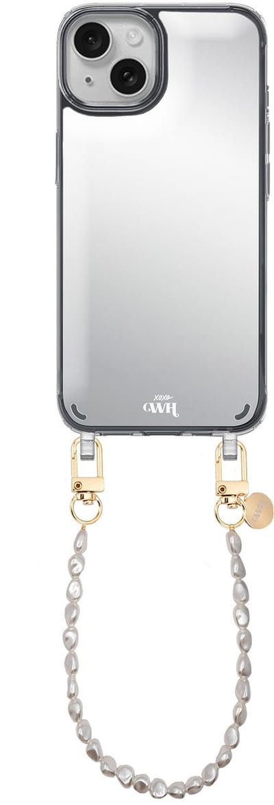 xoxo Wildhearts hoesje met spiegel geschikt voor iPhone 15 Plus case - Pearlfection Mirror Case - Kort koord - Siliconen telefoonhoesje met spiegel - Schokbestendig - Parelketting
