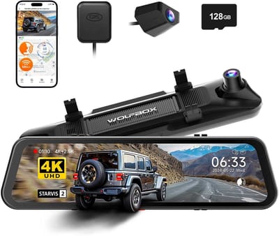 Wolfbox G900 Pro 4K Gps 128gb Mirror dashcam - Parkeermodus - 12,0 inch touchscreen Lcd - Ultra 4K + 2.5K resolutie - Wifi met App - Gps ontvanger - 128gb Micro SD kaart - Spiegel dashcam en digitale binnenspiegel in één