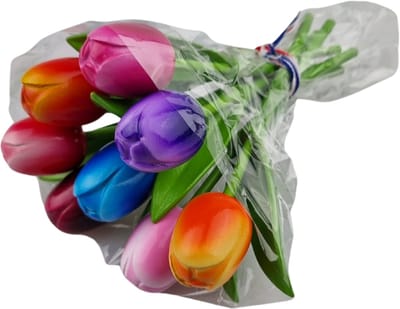 Boeketje houten tulpen lengte 18cm - 8 tulpen in mix van kleuren