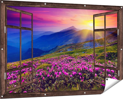 Gards Tuinposter Doorkijk Roze Rhododendron Bloemenveld - Bergen - 150x100 cm - Tuindoek - Tuindecoratie - Wanddecoratie buiten - Tuinschilderij