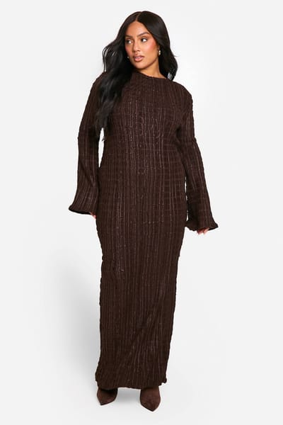 boohoo Dames PLUS GETEXTUREERDE MAXI-JURK MET UITLOPENDE MOUWEN | Chocolate | Maat: 16