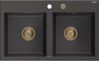 Mexen Hektor granieten gootsteen 2-kamerig 800 x 480 , zwart gespikkeld, gouden sifon - 6521802000-76-G