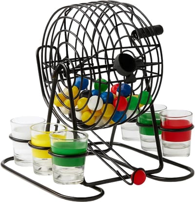 Lomera Bingo Drankspel - Party Box - Bingoset - Shotglaasjes - 48 Balletjes - Spelregels - Spelvarianten - Feestspel - Compact Formaat - Gezelschapsspel - Feestavond - Spel voor Volwassenen - Eenvoudig Te Spelen - Cadeau-idee