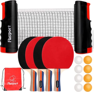Tafeltennisset met 4 batjes, intrekbaar net, 8 ballen en draagtas voor binnen en buiten