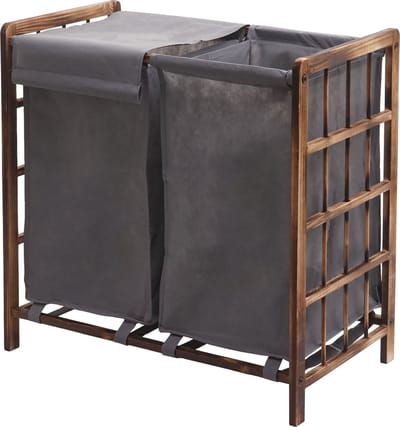 Wasbak MCW-B60, Wasbox wasmand, massief hout 2 vakken 60x60x33cm 68l ~ bruin, grijs deksel