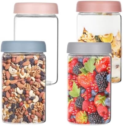 PromoHome 4-delige Meal Prep Glazen Potten Set - 600ml Luchtdichte Voedselbewaarcontainers met Schroefdeksels - Geschikt voor Overnight Havermout, Yoghurt, Salades en Inmaken - Vaatwasserbestendig