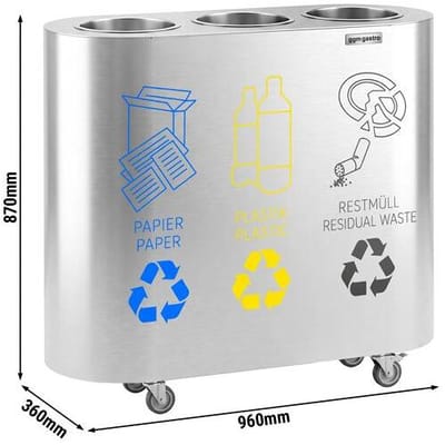 GGM Gastro Mülltrennsystem - 3 Behälter je 30 Liter - Edelstahl - mit 4 Rollen