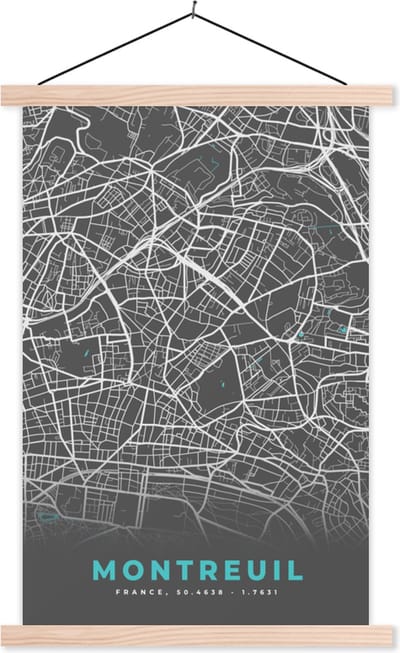 Posterhanger incl. Poster 40x60 cm - Schoolplaat - Kaart - Plattegrond - Montreuil - Stadskaart - Frankrijk - Textielposter - Blanke latten - Stadskaart