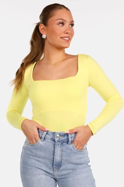 Getdrezzed Top - Maat: S - Longsleeve body vierkante hals geel