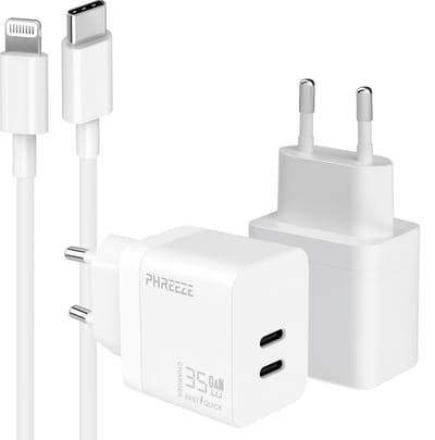 Phreeze usb C oplader met MFi Lightning kabel - Power Delivery snellader - GaN charger met 2 usb C poorten geschikt voor iPhone en iPad