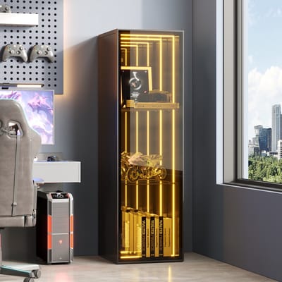 OKWISH Vitrinekast – Met Led-Verlichting En 3 Vakken – Voor Woonkamer Of Werkkamer – Aluminium Glas Zwart – 30x30x90 Cm