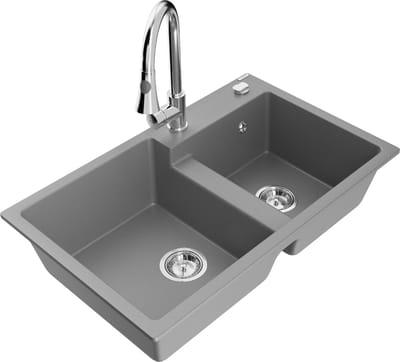 Mexen Tomas granieten spoelbak 2-kamer met keukenmengkraan Elia, grijs - 6516-71-670101-00