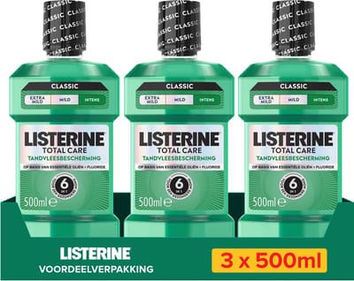 LISTERINE Total Care Tandvleesbescherming Intensief, mondspoeling, mondwater, intense munt, mondspoeling voor tandvleesbescherming, met fluoride, dagelijkse mondhygiëne, 3x500 ml