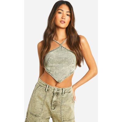 boohoo Dames Denim Crop Top met zakdoekzoom | Gewassen Kaki | Maat: 42