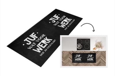 Keukenloper - Loper keuken - Quote - Zwart - Wit - Juf bedankt - Juf wat voor werk doe jijlijk? - Spreuken - 120x50 cm - Keukenloper vinyl
