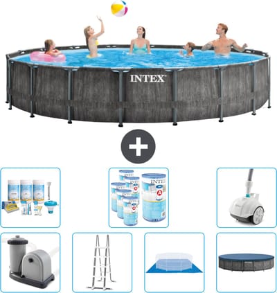 Intex Rond Prism Frame Greywood Zwembad - 549 x 122 cm - Inclusief Pomp - Ladder - Grondzeil - Afdekzeil Onderhoudspakket - Filters - Stofzuiger