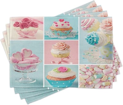 New Bed Koffie Cupcakes en Marshmallows Set van 4 Placemat voor Eettafel, Wasbare Stof met Antislip Achterkant