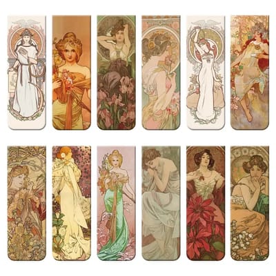 Viwado 12x Magnetische Boekenleggers – Art Nouveau & Alphonse Mucha Stijl – Sterke Magneet – Bladwijzers voor Boeken – Kunstliefhebbers