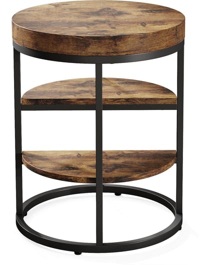 Pugsdrly Ronde bijzettafel, kleine houten bijzettafel met 3 opbergvlakken, industriële salontafel, bijzettafel voor woonkamer of slaapkamer, bruin