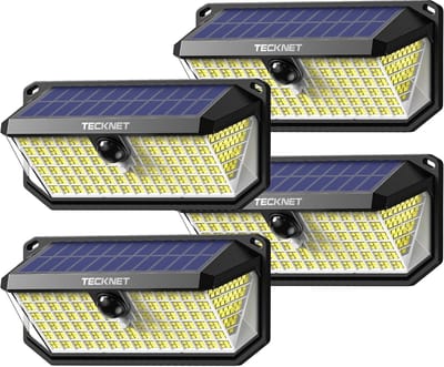 TECKNET 4200Lm 416 LED Solar Motion Lights Outdoor Waterdicht, 300 ° Hoek & 3 Verlichtingsmodi Bewegingssensor Licht Buiten, 4 Pack Beveiliging Zonne Lichten IP66 voor Hek Voordeur Yard Deck Tuin